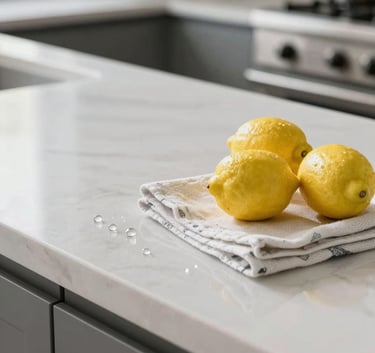 Close-up of a sparkling clean modern kitchen counter in a North American home, with a few fresh lemons and a clean microfiber cloth, bright and airy lighting.