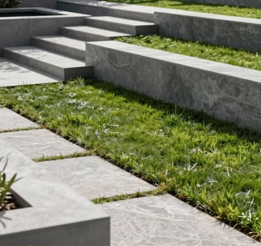 A wide-angle landscape photograph of a luxury backyard featuring multi-level concrete planters and a stone pathway. The Sage Green of the manicured lawn contrasts with the Steel Grey of the architectural elements under clear, natural lighting.