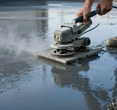 A low-angle action shot of concrete being finished with a power trowel on a large industrial floor. The wet concrete reflects the Soft Mist and Deep Navy Blue tones of the surrounding structure, emphasizing a smooth, mirror-like surface.