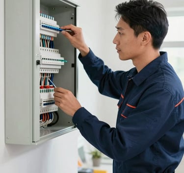 A clean-cut, professional electrician wearing a navy blue #021C30 uniform, carefully inspecting a modern electrical panel in a bright, organized residential space. Professional lighting, trustworthy atmosphere.