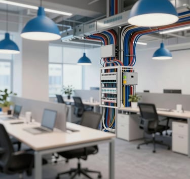 A wide shot of a modern office interior with a complex, perfectly organized electrical wiring system and designer pendant lighting installed. Bright and professional aesthetic with blue accents #174A6F.