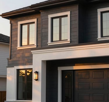 A high-end North American / US residential exterior at sunset, featuring elegant modern architecture with deep charcoal and soft off-white trim.