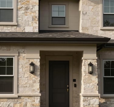 A clean, modern facade of a North American / US home, highlighting meticulous design details in muted taupe and warm beige stone.