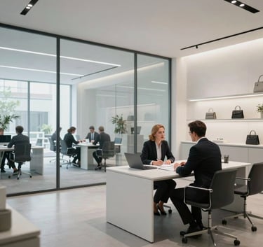 A modern Central European retail space or a high-end office meeting room with glass walls, showing a professional consultant working at a desk in a bright, light gray environment.