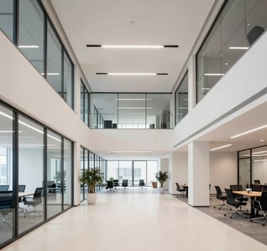 A wide-angle interior shot of a contemporary, minimalist corporate office lobby in Slovakia, with clean lines, glass surfaces, and a professional atmosphere in off-white and navy tones.