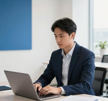 A professional in a bright, modern North American / US office using a laptop on a clean desk, featuring Deep Navy and Steel Blue decor with soft Off-White natural lighting.