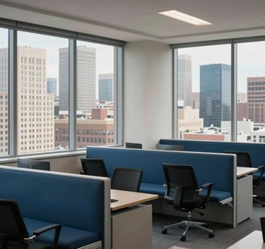 A wide shot of a high-tech corporate workspace in a North American / US city, with Steel Blue seating areas and expansive windows showing an urban skyline in Off-White and Light Steel Blue tones.