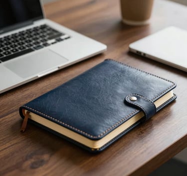Close-up of a professional desk in a corporate setting in San José, Costa Rica, showing a sleek laptop and a leather notebook. The lighting is elegant with accents of navy blue and golden yellow.