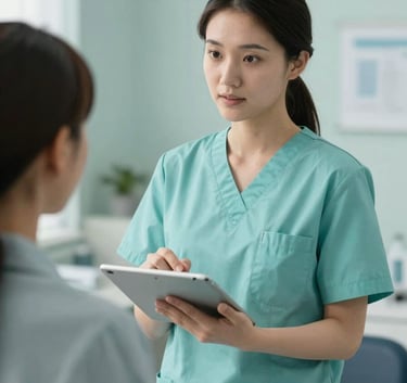 A professional nurse in a North American / US medical clinic setting, using a tablet to explain health data to a patient in a room accented with Soft Aqua and Muted Teal tones.