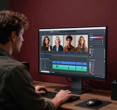 A high-end North American digital studio where a creative professional is editing high-resolution social media content on a monitor. The room features deep ripe crimson and charcoal accents.