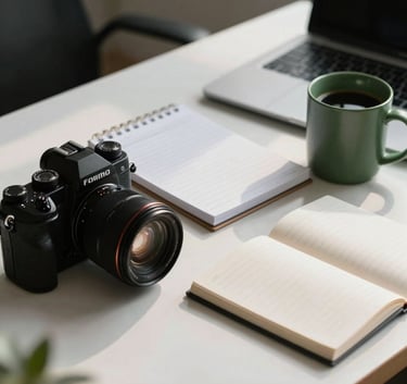 A professional agency workspace in a North American setting. A high-end camera, a minimalist planner, and a matte forest green coffee mug sit on a crisp parchment desk surface. Soft sunlight creates a sophisticated and accessible atmosphere.