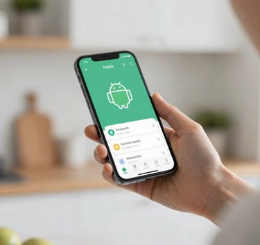 An lifestyle shot of a person using an Android app on their phone while standing in a bright, modern kitchen. The app interface is clearly visible and looks intuitive and approachable. The scene uses #2E6C6C and #F0F8F8 tones for a clean look.