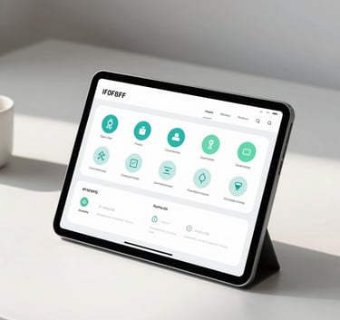 A minimalist workspace featuring a sleek Android tablet displaying a dashboard with clean lines and intuitive icons. The atmosphere is modern and user-centric, incorporating a palette of #F0F8F8 and #2E6C6C. Soft morning sunlight filters across the desk.