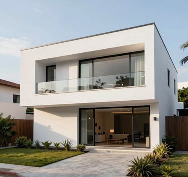 Wide-angle exterior shot of a modern architectural home with white walls and clean lines, located in a prestigious Latin American neighborhood during a clear day.