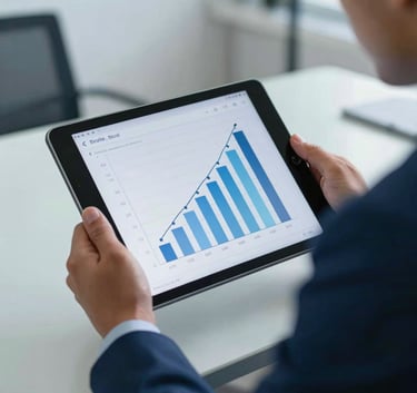 A close-up shot of a professional digital tablet showing growth charts in a modern office, held by a South American / Brazilian consultant in a sharp suit. Deep blue and light blue palette lighting.