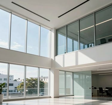 Photography of a modern Brazilian corporate office building interior with light streaming through large windows, showcasing a professional and innovative environment. Clean lines, white and light blue color palette.