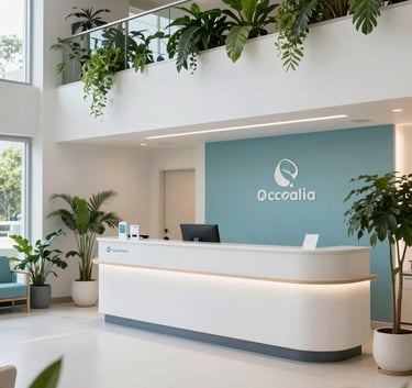 A wide-angle shot of a serene and modern Oceanian / Australian medical reception area with soft blue accents, featuring lush indoor plants and clean white surfaces, professional atmosphere.
