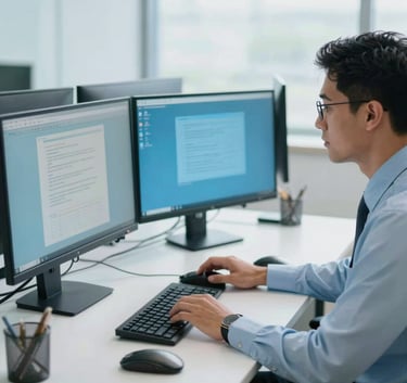 A professional South American person in business attire working efficiently at a clean, modern workstation with multiple monitors, bright and airy office background, pale ice blue and steel blue tones.