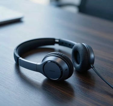 A close-up shot of a modern, sleek wireless headset resting on a dark wood desk in a professional South American office, soft morning light, deep dark blue and soft light blue color palette.