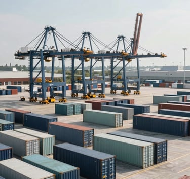 Wide-angle photography of a clean, modern logistics terminal with rows of containers and heavy lifting cranes. International / Global atmosphere. Bright, professional lighting, corporate style, with accents of charcoal grey and muted sage blue.