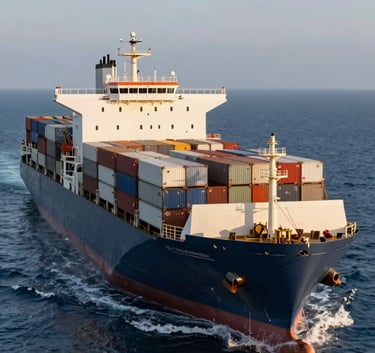 A high-angle professional photograph of a massive container ship crossing the deep blue ocean during golden hour. International / Global setting. Sophisticated lighting, sharp focus on the vessel's scale, colors including dark slate grey-blue and crisp off-white.