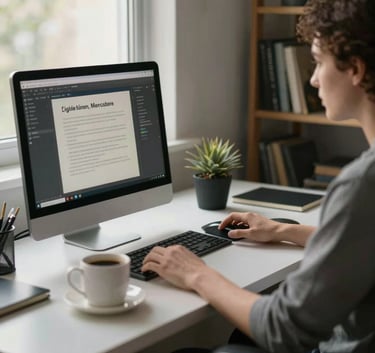 A sophisticated North American home office scene with soft morning light, featuring a modern workstation and a coffee mug, creating an atmosphere of focused digital learning.