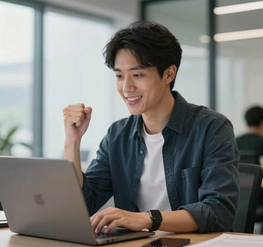 A professional in a modern North American setting engaged in online learning, looking at a bright screen with a look of accomplishment and empowerment.