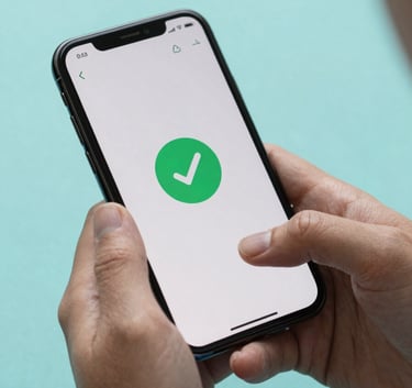 A close-up photograph of a person's hands holding a sleek smartphone against a soft aqua background. The phone screen shows a secure payment confirmation checkmark, conveying efficiency and ease of use in a professional style.