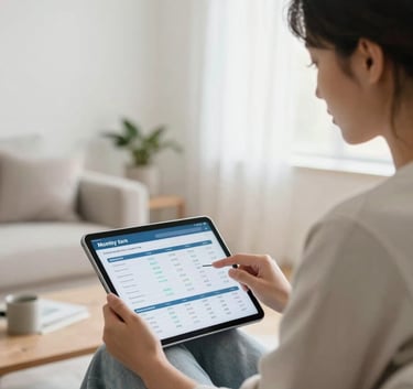 A professional photography shot of a person sitting in a bright, modern living room with mist white walls, calmly using a digital tablet to manage their monthly finances. The room is airy and organized, reflecting a sense of reliability and trust.