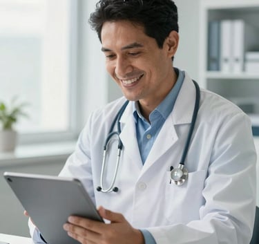 A professional South American male doctor in a modern bright medical office, smiling warmly while looking at a tablet, soft natural morning light, clean professional atmosphere, off-white and medium blue accents.