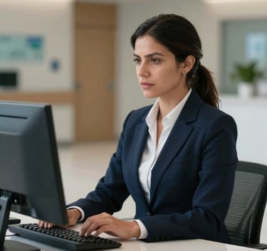 A Latin American female administrative professional at a sleek computer desk in a contemporary hospital lobby, blurred clinical background, high-end professional photography, lighting reflecting a clean medical environment.