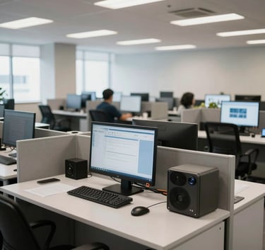 Clean, high-end telecommunications office environment in Brazil, wide angle shot, blurred background showing organized workstations under natural light, professional and calm atmosphere.