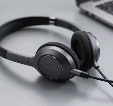 Extreme close-up of a modern, professional wireless headset resting on a polished grey surface, highlighting precision and technology, South American corporate setting.