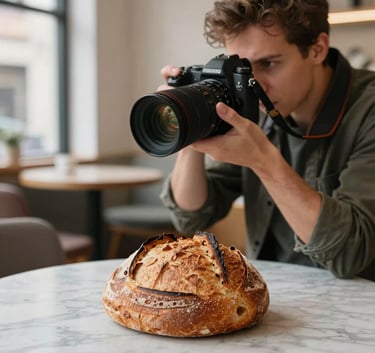 A professional photographer in a Scandinavian-style cafe using a high-end camera to shoot a fresh sourdough loaf on a marble table, warm natural light, Western European / North American.