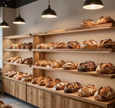Interior of a cozy, modern artisanal bakery with minimalist wooden shelves and warm pendant lighting, showcasing a selection of crusty breads, Western European style.