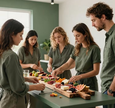 A professional digital marketing team in a bright studio, North American / European, arranging a rustic charcuterie board for a high-end social media photoshoot, matte forest green accents in the decor.
