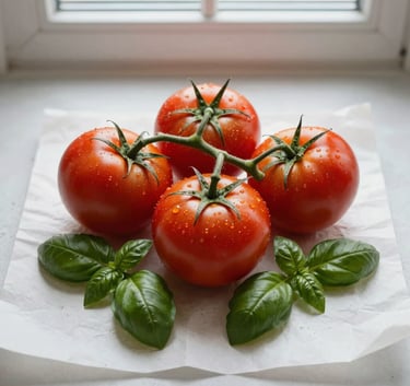 A top-down shot of vibrant vine-ripened tomatoes and fresh basil on a crisp parchment paper surface, soft natural window light, clean Scandinavian aesthetic, North American / European kitchen setting.