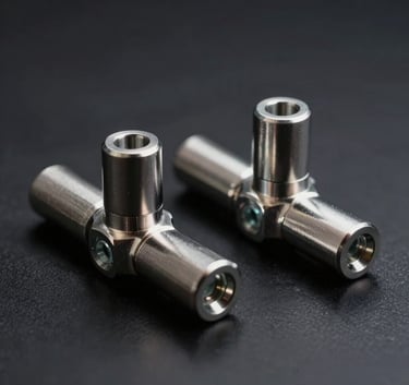 A minimalist close-up shot of architectural glass hardware connectors, showcasing polished finishes. Industrial design style, dark background with deep charcoal tone, accented by sharp studio lighting that creates a bright silver edge on the metal. Located in a modern Latin American engineering workshop.