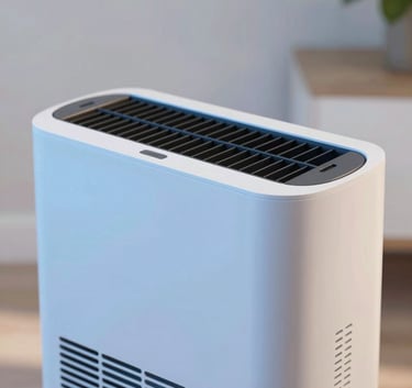 A close-up of a high-tech air scrubber machine operating in a modern North American / US (Florida) house. The machine is sleek, reflecting soft blue and white light. Clean, minimal aesthetic.