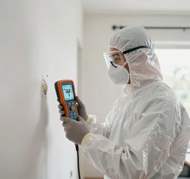 A professional mold remediation specialist in North American / US (Florida), wearing white protective PPE suit and mask, holding a professional moisture meter against a wall in a clean, modern home interior. Bright, natural lighting.