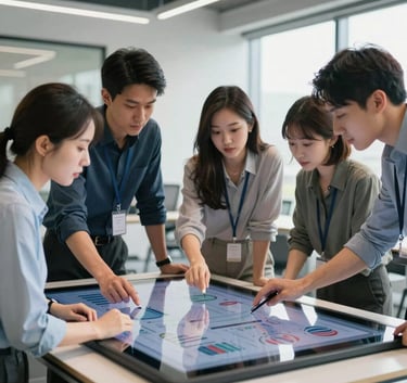 A professional tech team in a bright, modern US office setting, collaborating around a large touchscreen tablet, reflecting innovation and reliability.