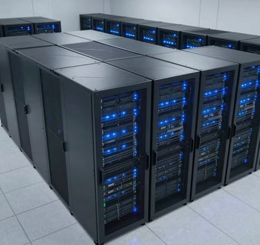 A high-angle, wide shot of a modern, clean data center in the US, featuring sleek server racks with glowing blue lights, showcasing professional and innovative technology.