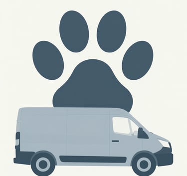 A clean, professional graphic illustration of a transport van silhouette combined with a paw print icon, using a palette of #4F6B7C and #A7BCC9 on a soft #F8FBFD background, symbolizing reliable logistics and animal care.