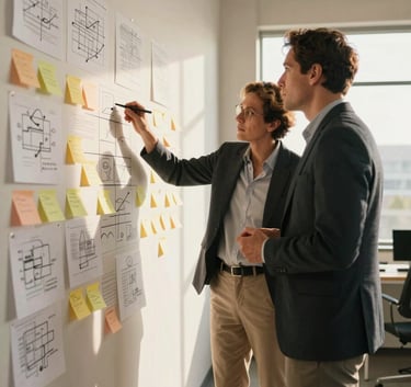 A candid, professional photograph of two consultants in a sunlit, high-ceiling North American studio. They are looking at a large wall covered in organized sticky notes and sketches, pointing at a specific strategy. The lighting is warm and inspiring.