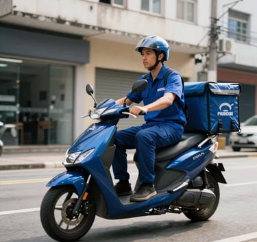 A professional courier on a modern delivery scooter, wearing a deep blue uniform, navigating a clean urban street with Brazilian architecture, bright daylight, crisp focus.
