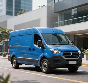A medium blue delivery van parked in a bright, modern South American business district, sleek industrial background, professional commercial photography.