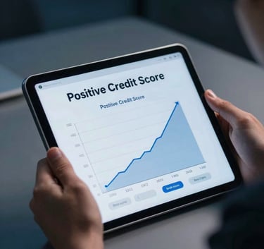 A close-up of a digital tablet showing a positive credit score growth chart, held by a person in a professional office setting with deep midnight blue and soft steel blue highlights.