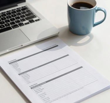 A professional desk featuring a laptop and a neatly organized credit report, with a soft steel blue coffee mug, shot in bright natural light on a frosty white desk.