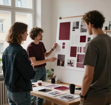Behind-the-scenes photography of a creative team planning a social media shoot in a cozy, Scandinavian-style studio in a Western European city. They are looking at a mood board with Deep Ripe Crimson accents. Soft, natural morning light.