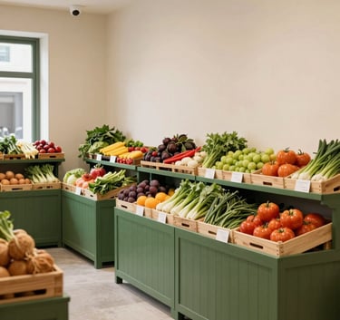A wide photography shot of a modern, artisanal food market in Western Europe. The scene is bright and airy with Crisp Parchment colored walls and Matte Forest Green wooden stalls filled with fresh organic produce.